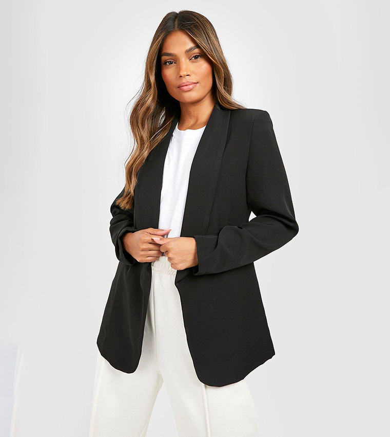 Buy Boohoo Basic Woven Ruched Sleeves Curve Lapel Blazer In Black