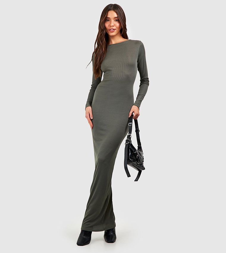Buy Boohoo Contour Rib Long Sleeves Maxi Dress In Khaki | 6thstreet Oman
