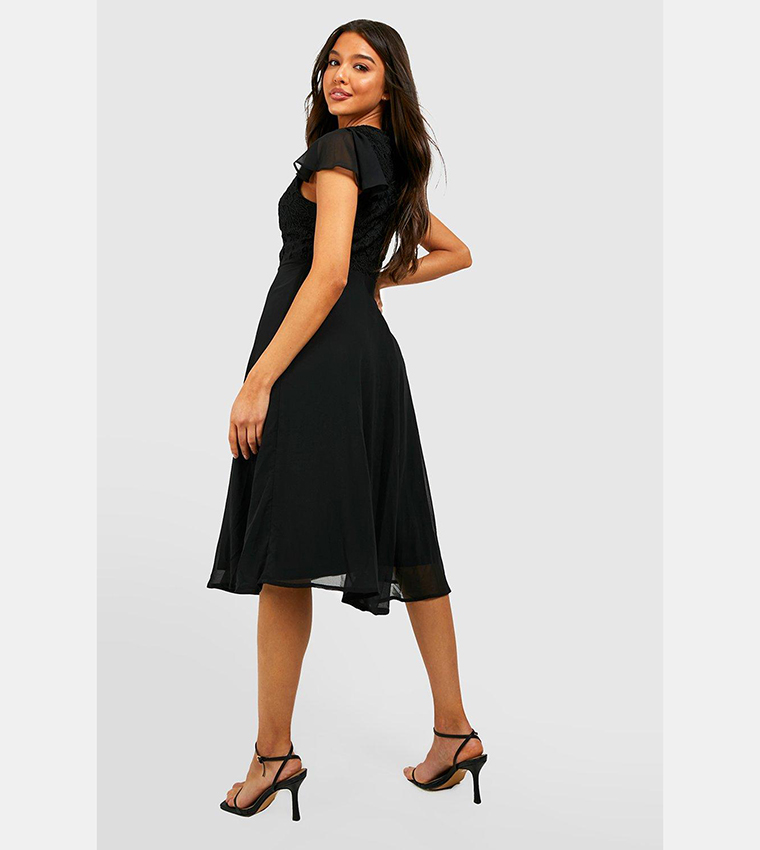 Lace Frill Sleeves Midi Skater Dress