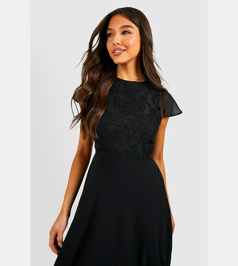 Lace Frill Sleeves Midi Skater Dress