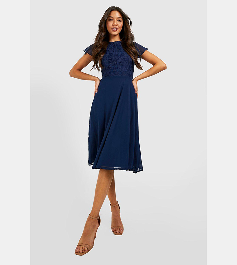 Lace Frill Sleeves Midi Skater Dress