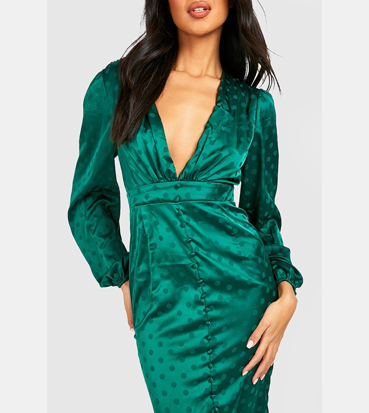 boohoo green polka dot dress Buy Boohoo Satin Polka Dot Plunge Midi Dress In Green