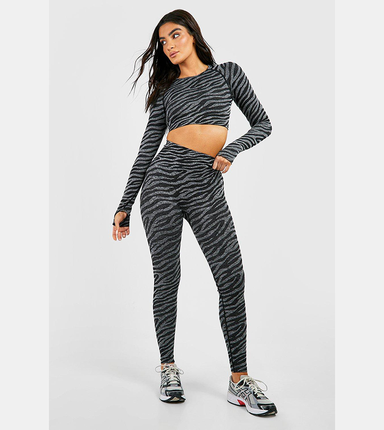 Buy Boohoo Zebra Contouring Seamless Gym Crop Top In Grey