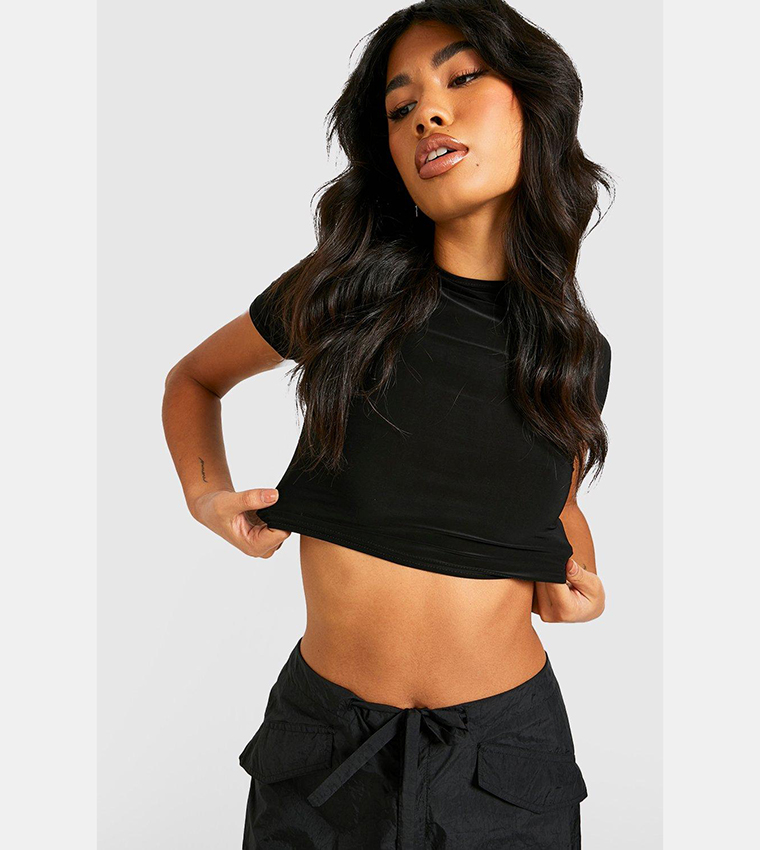 Buy Boohoo Slinky Short Sleeves Crop Top In Black