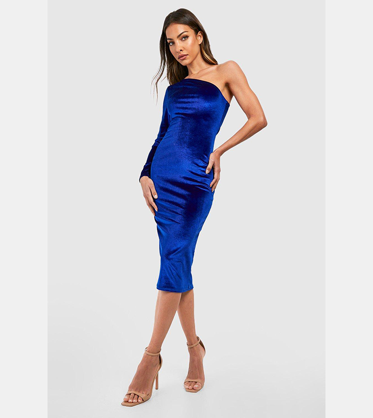 Buy Boohoo Velvet Asymmetric Midi Party Dress In Blue | 6thstreet Oman