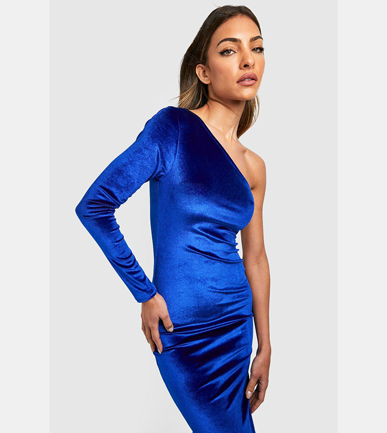 Buy Boohoo Velvet Asymmetric Midi Party Dress In Blue | 6thstreet Oman