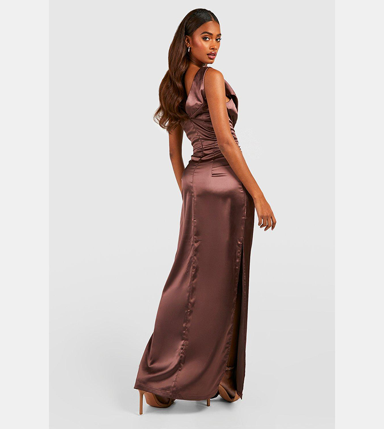 Buy Boohoo Bridesmaid Satin Cowl Neck Maxi Dress In Brown