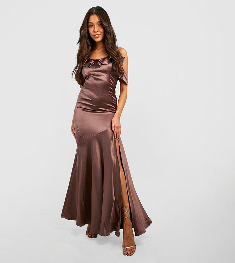 Buy Boohoo Bridesmaid Satin Ruffle Maxi Dress In Brown | 6thstreet Oman