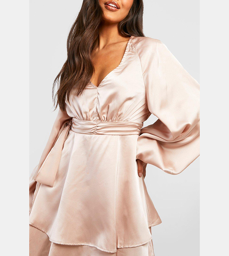 satin plunge skater dress Buy Boohoo Satin Plunge Blouson Sleeves Skater Dress In Beige