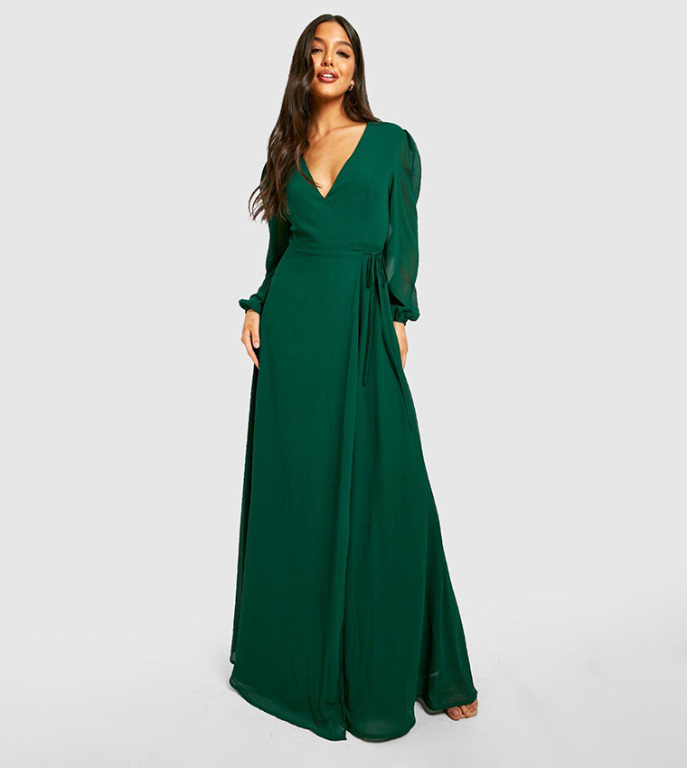 Buy Boohoo Chiffon Bridesmaid Long Sleeves Wrap Dress In Green | 6thstreet  Bahrain