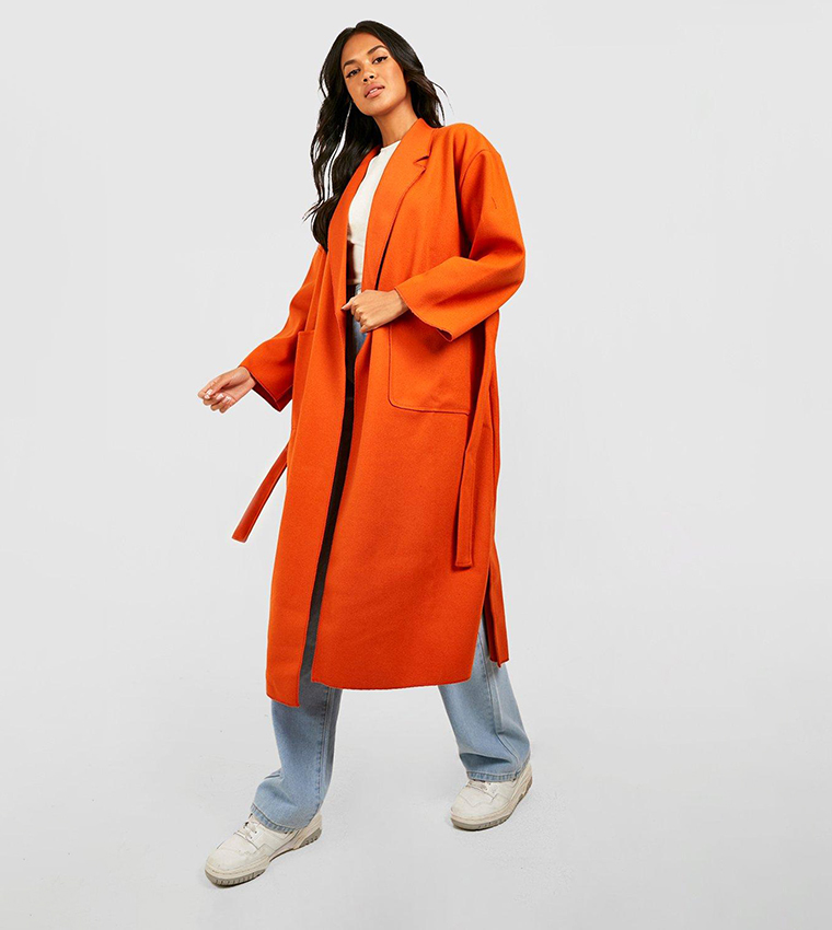 Buy Boohoo Wool Look Oversized Belted Coat In Orange 6thStreet Bahrain