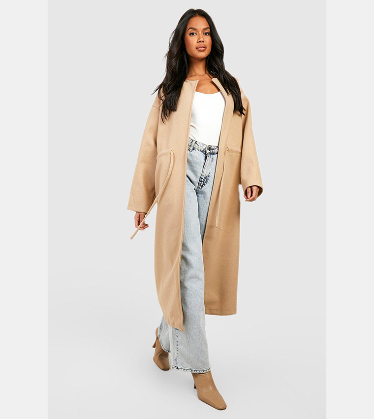 Buy Boohoo Collarless Belted Wool Coat In Beige 6thStreet Kuwait