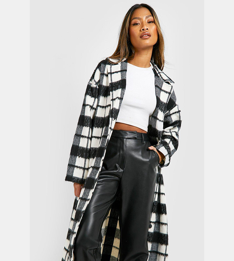 Buy Boohoo Grid Check Wool Look Coat In Black 6thStreet Kuwait