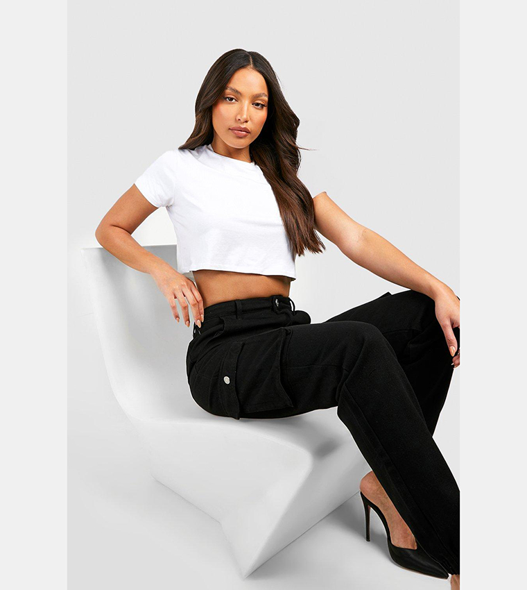 Buy Boohoo High Waisted Denim Cargo Joggers In Black