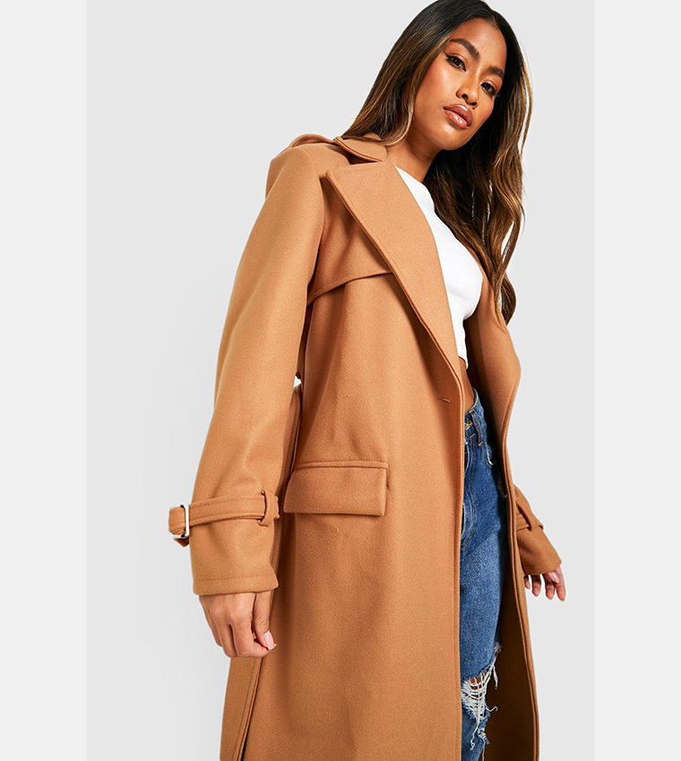 Buy Boohoo Wool Look Double Breasted Belted Maxi Coat In Beige