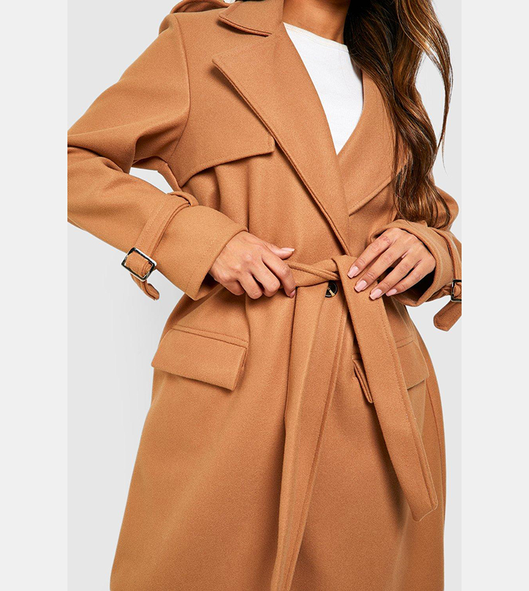 Buy Boohoo Wool Look Double Breasted Belted Maxi Coat In Beige