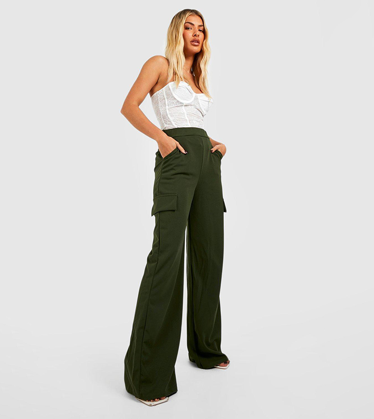 High Waisted Crepe Cargo Wide Leg Trousers