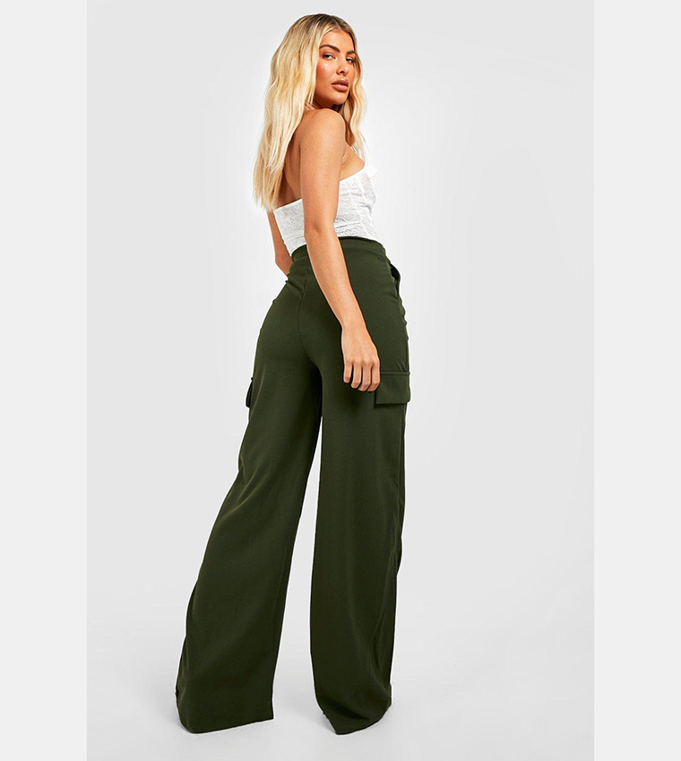 High Waisted Crepe Cargo Wide Leg Trousers