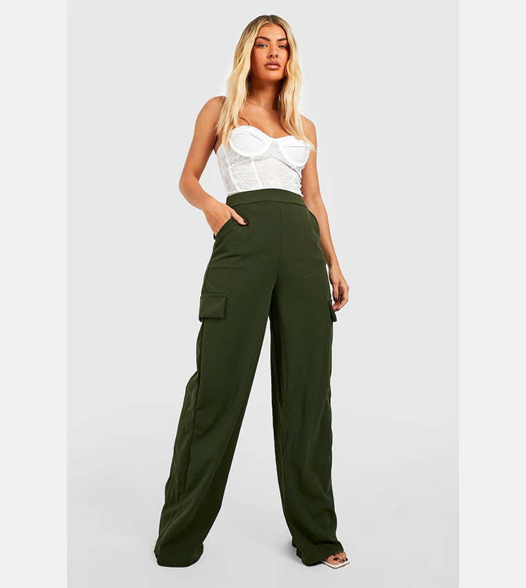 High Waisted Crepe Cargo Wide Leg Trousers