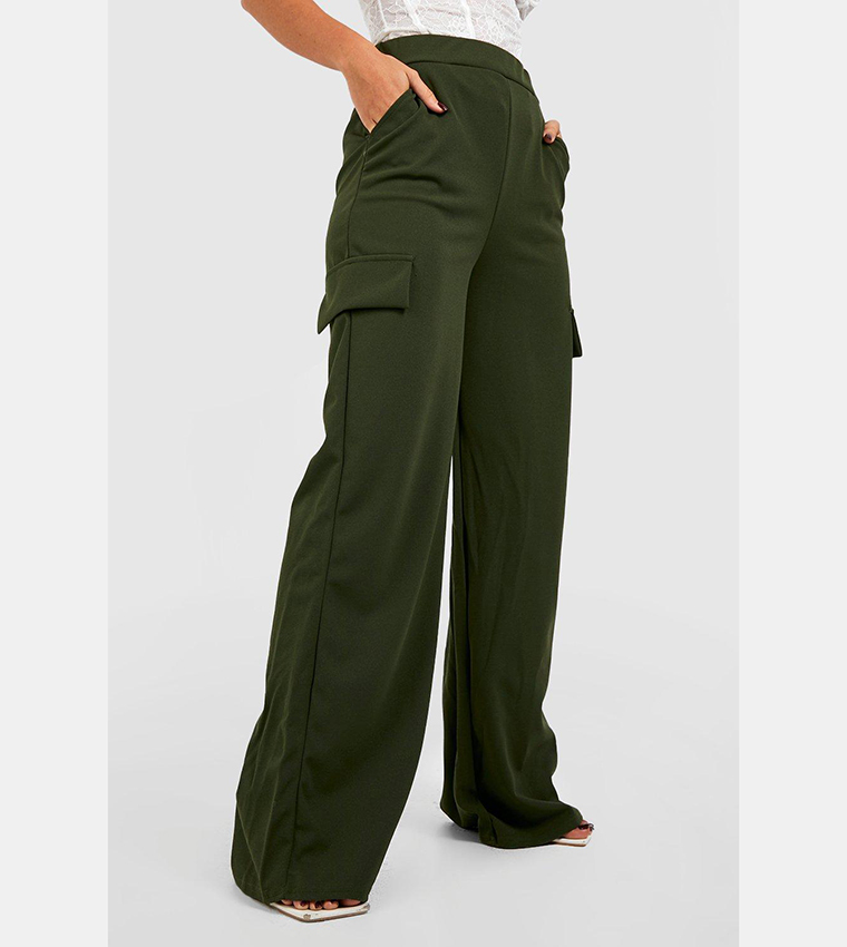 High Waisted Crepe Cargo Wide Leg Trousers