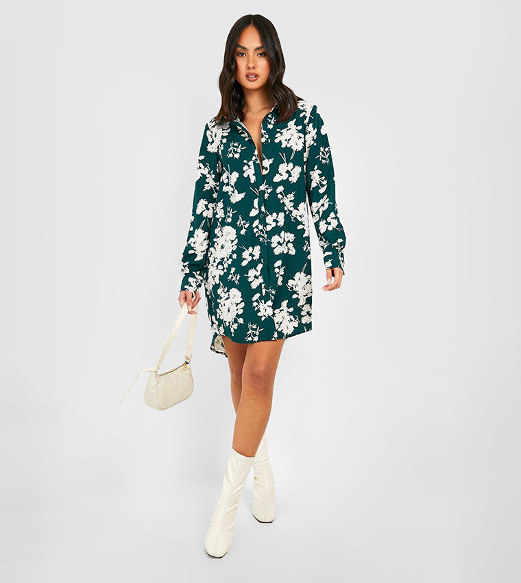 boohoo floral shirt dress Brown Floral Print Oversized Shirt Dress