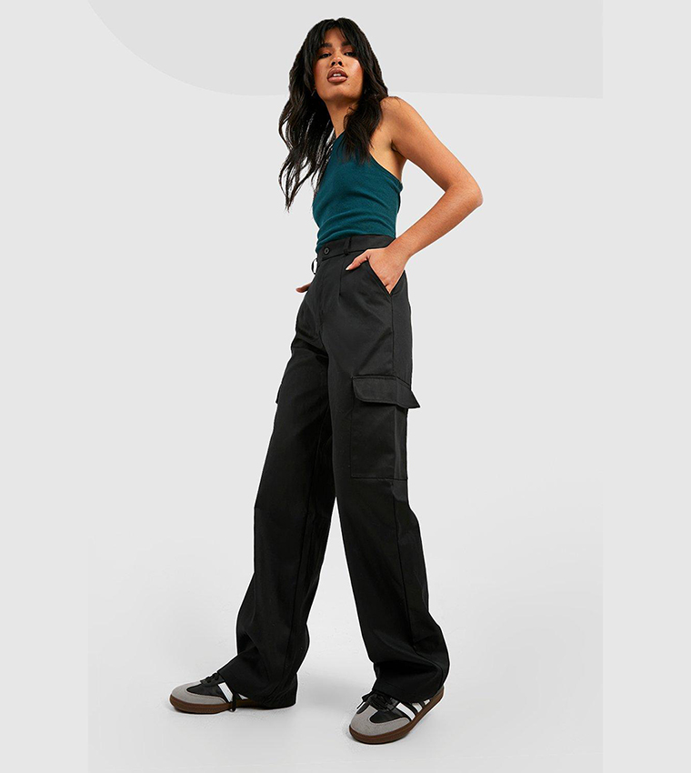 Buy Boohoo High Waist Straight Leg Cargo Pants In Black