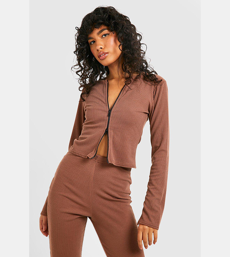 Chocolate Brown Long Sleeve Wrap Over Side Buckle Top Co-Ord Set main image 0