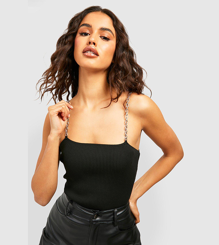 Buy Boohoo Chain Strap Ribbed Knit Bodysuit Top In Black 6thStreet Bahrain