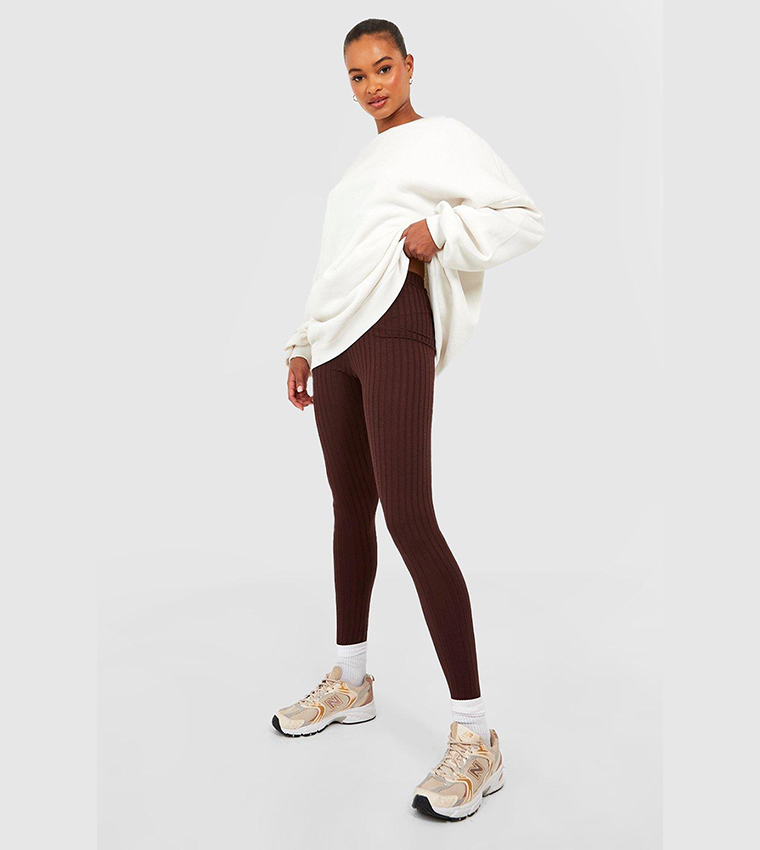 Buy Boohoo Tall Thick Ribbed Mid Rise Basic Leggings In CHOCOLATE