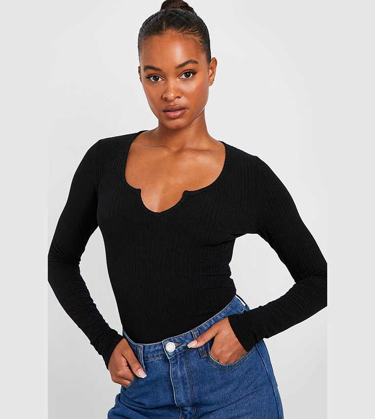 Buy Boohoo Tall Soft Ribbed Notch Neck Long Sleeves Bodysuit Top In Black