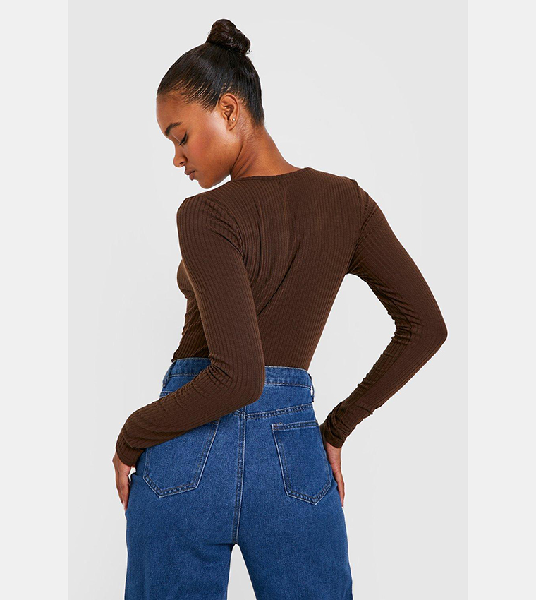 Buy Boohoo Tall Soft Ribbed Notch Neck Long Sleeves Bodysuit Top In  CHOCOLATE