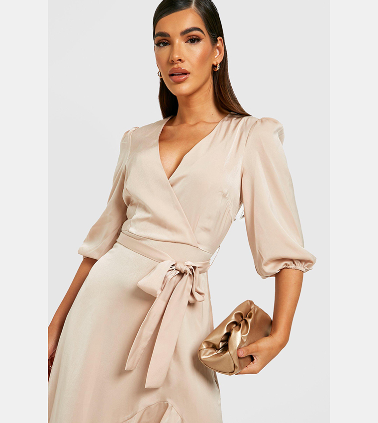 Buy Boohoo Satin Tiered Ruffle Hem Midi Dress In CHAMPAGNE