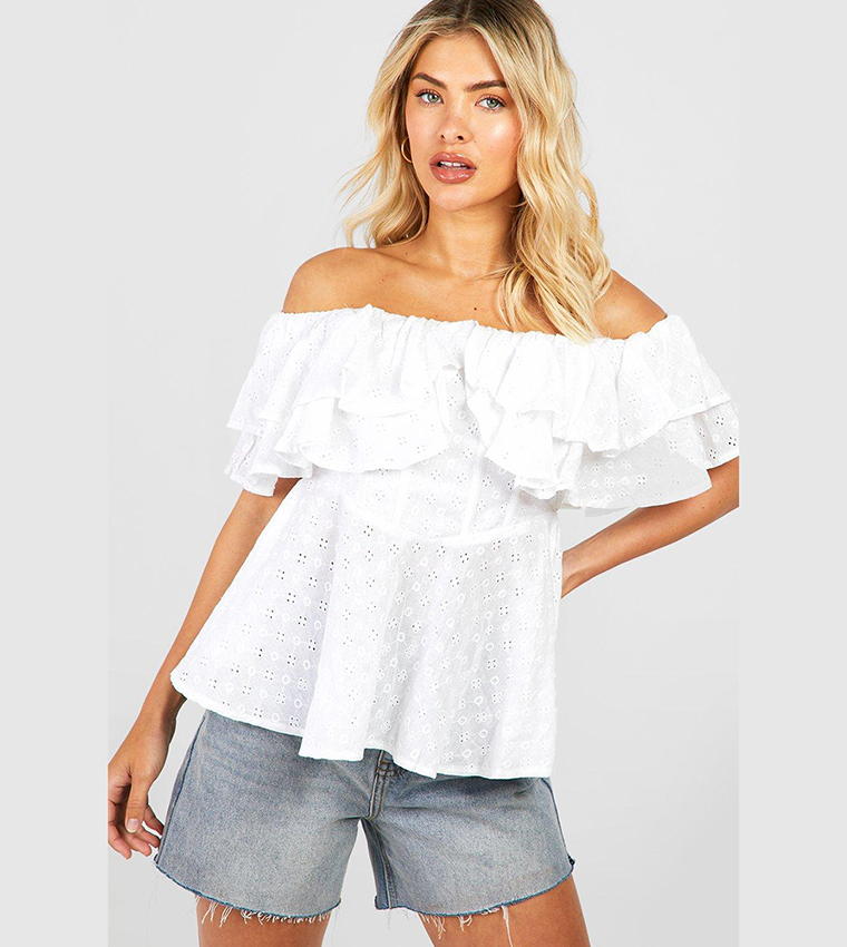 White ruffle clearance bardot top