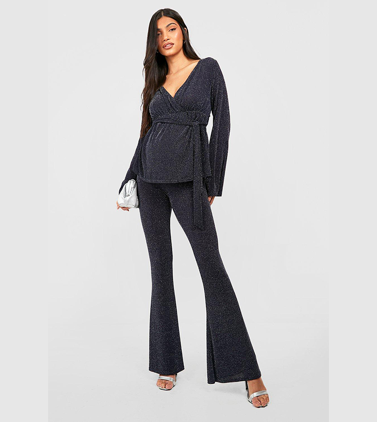 Buy Boohoo Maternity Glitter Flare Trousers In Blue 6thStreet