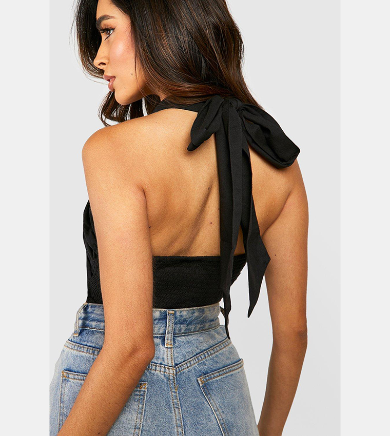Halter Cross Tie Back Linen Crop Top