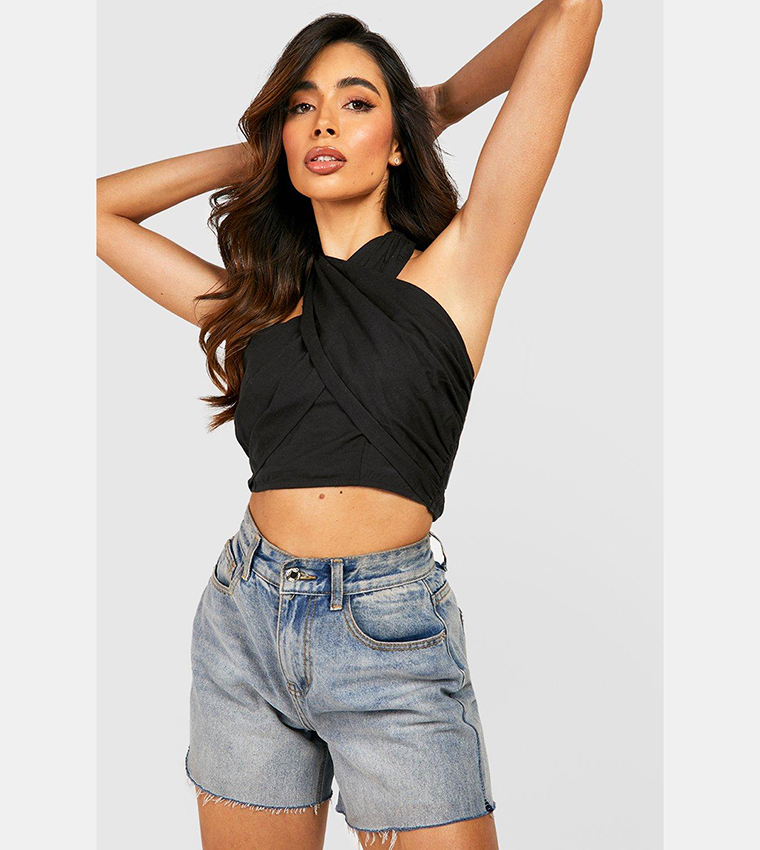 Halter Cross Tie Back Linen Crop Top