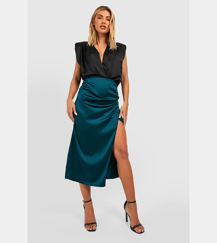 Buy Boohoo Satin Ruched Wrap Midaxi Skirt In Teal 6thStreet Oman
