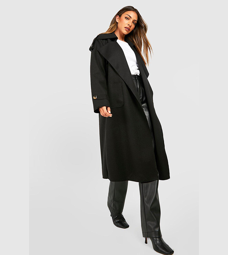 Buy Boohoo Belted Waterfall Wool Look Trench Coat In Black