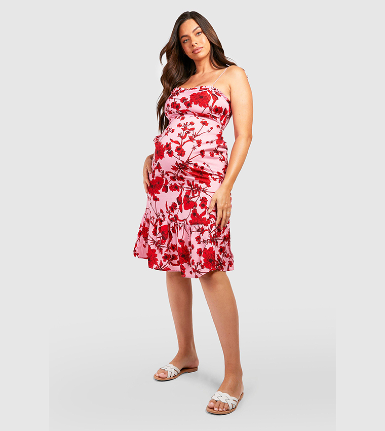 Buy Boohoo Maternity Strappy Frill Hem Midi Dress In Pink