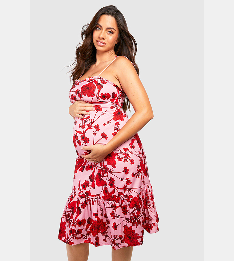 Buy Boohoo Maternity Strappy Frill Hem Midi Dress In Pink