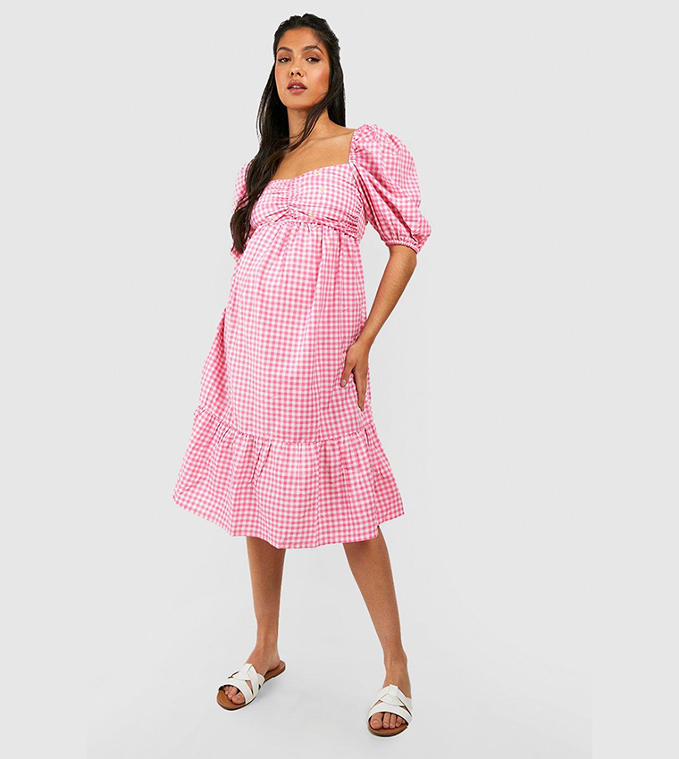 Buy Boohoo Maternity Embroidered Flower Gingham Midi Dress In Pink