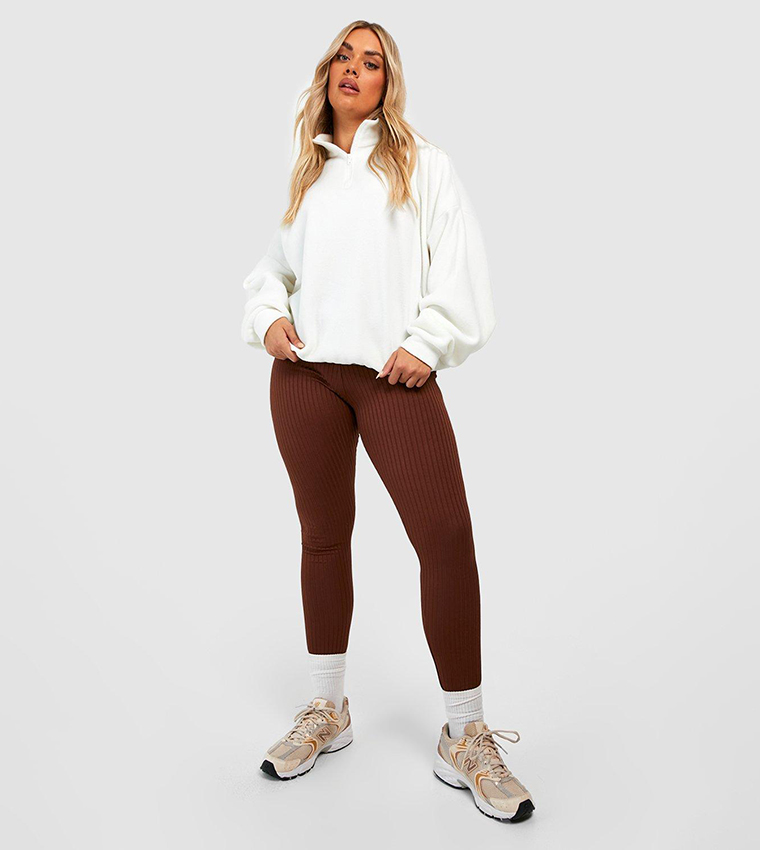 Buy Boohoo Thick Ribbed Mid Rise Basic Leggings In Brown