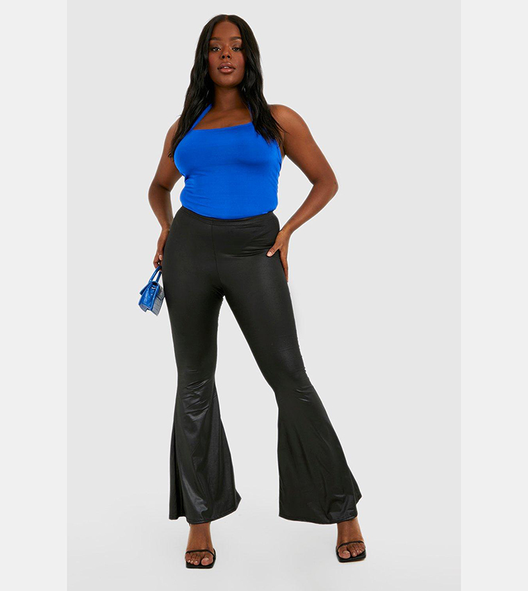 Buy Boohoo Wet Look High Waist Ruched Bum Flared Trousers In Black