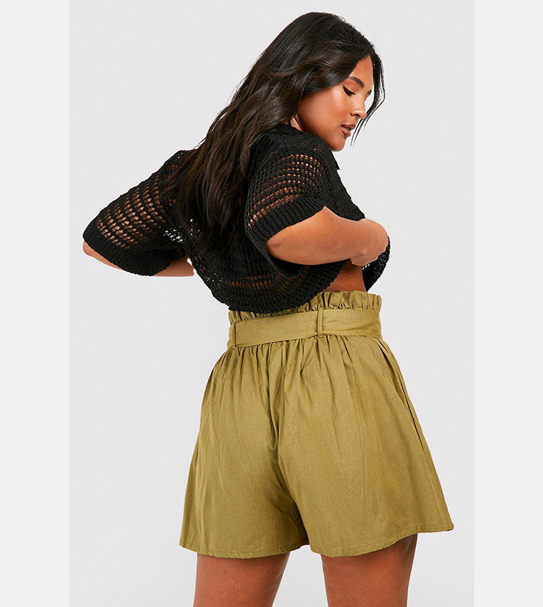 Buy Boohoo Linen Raffia Buckle Paper Bag Shorts In Khaki 6thStreet Kuwait