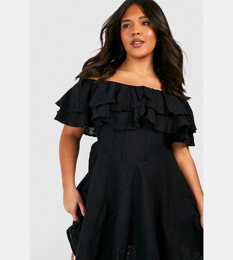 Buy Boohoo Bardot Corset Detail Broderie Smock Dress In Black | 6thstreet  Oman