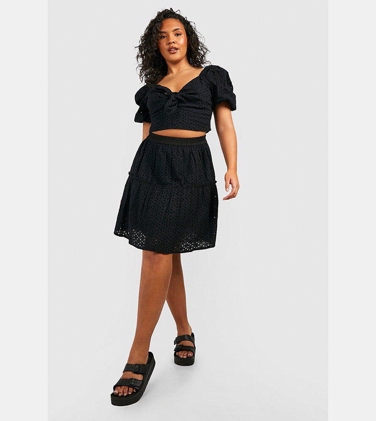 Buy Boohoo Broderie Tie Front Top And Skater Skirt Co Ord Set In Black