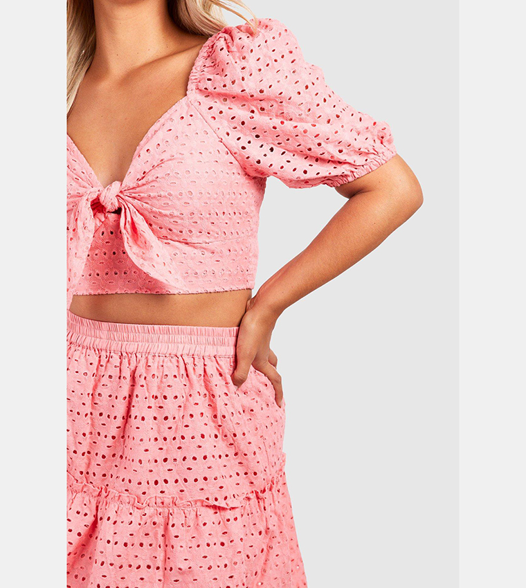 Buy Boohoo Broderie Tie Front Top And Skater Skirt Co Ord Set In Coral