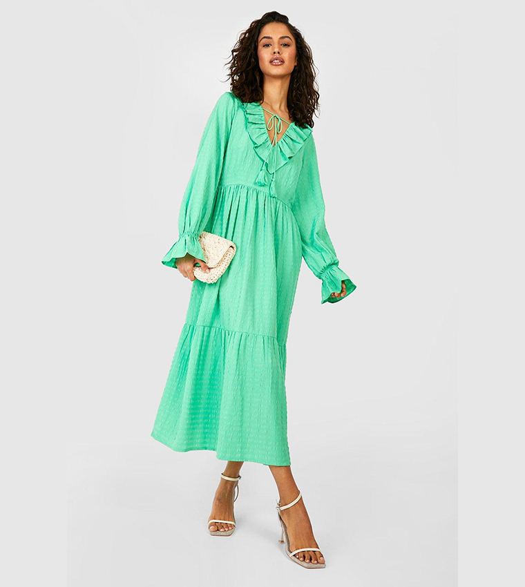 Green Puff Sleeve Frill Midaxi Dress