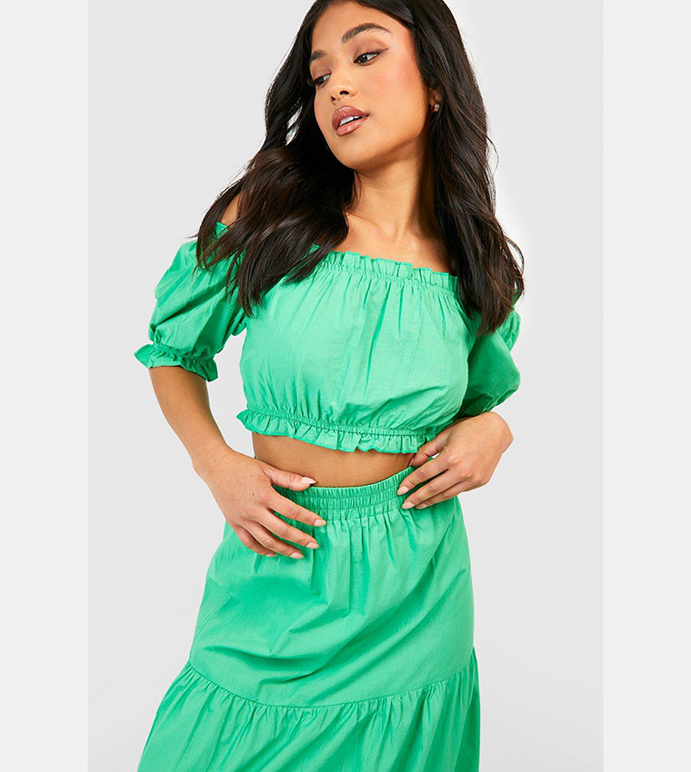 Buy Boohoo Cotton Bardot Top And Tiered Maxi Skirt Co Ord Set In Green ...