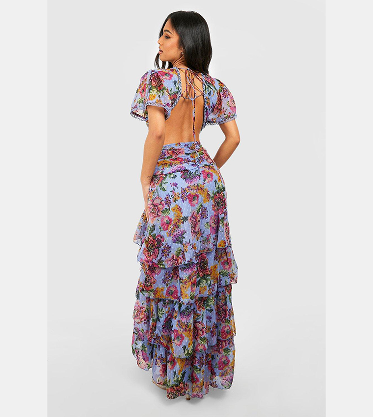 floral dobby cut out ruffle maxi dress Boohoo Floral Dobby Cut Out Ruffle Maxi Dress